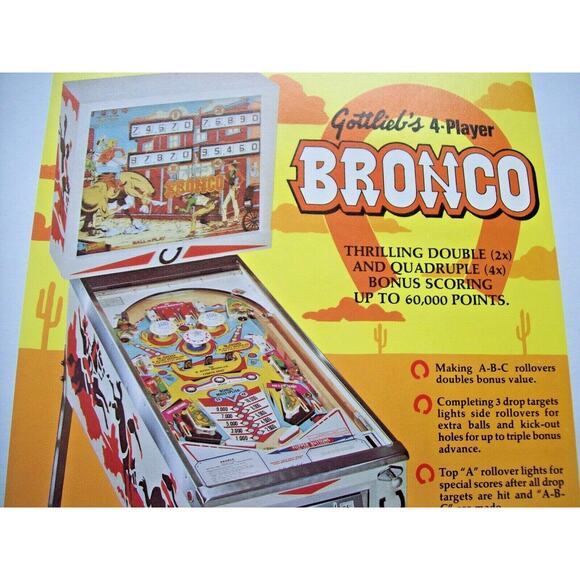Bronco Pinball FLYER Original NOS 1977 Game Western Cowboy Retro Vintage Promo - Picture 4 of 7